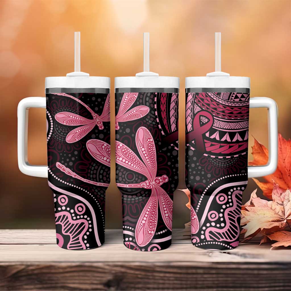 Australia Indigenous Mix Polynesian Tumbler With Handle Pink Ribbon and Dragonflies - Aussie Hoodie