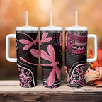Australia Indigenous Mix Polynesian Tumbler With Handle Pink Ribbon and Dragonflies - Aussie Hoodie