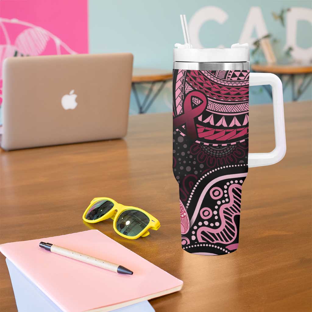 Australia Indigenous Mix Polynesian Tumbler With Handle Pink Ribbon and Dragonflies - Aussie Hoodie