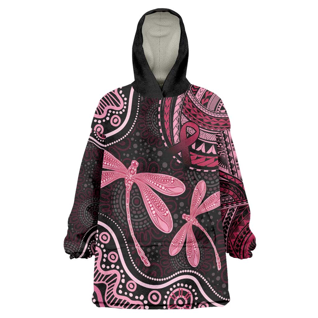 Australia Indigenous Mix Polynesian Wearable Blanket Hoodie Pink Ribbon and Dragonflies - Aussie Hoodie