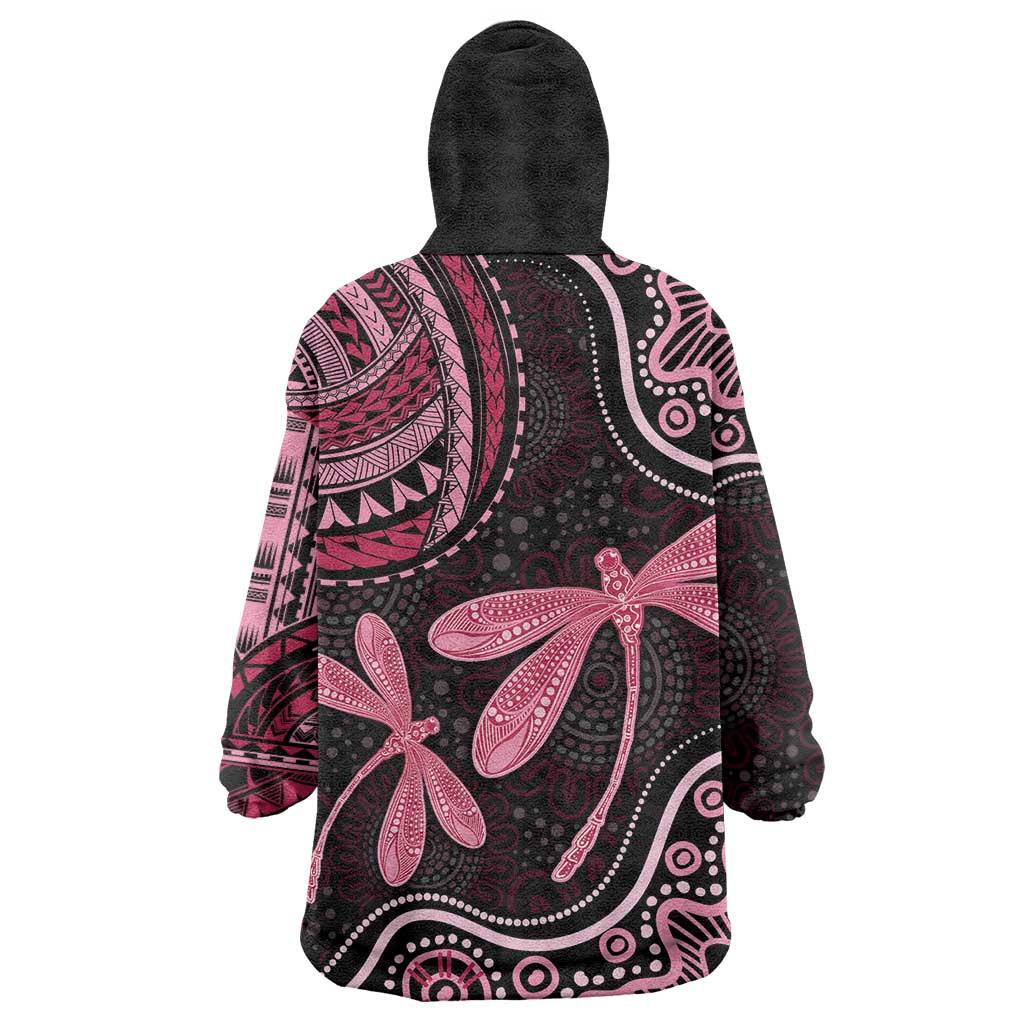 Australia Indigenous Mix Polynesian Wearable Blanket Hoodie Pink Ribbon and Dragonflies - Aussie Hoodie