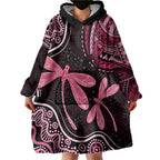 Australia Indigenous Mix Polynesian Wearable Blanket Hoodie Pink Ribbon and Dragonflies - Aussie Hoodie