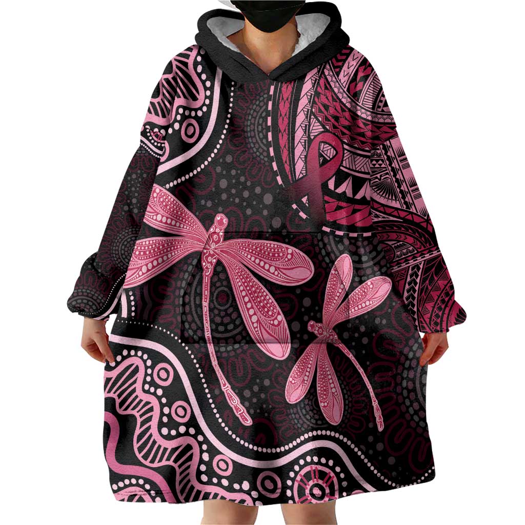 Australia Indigenous Mix Polynesian Wearable Blanket Hoodie Pink Ribbon and Dragonflies - Aussie Hoodie