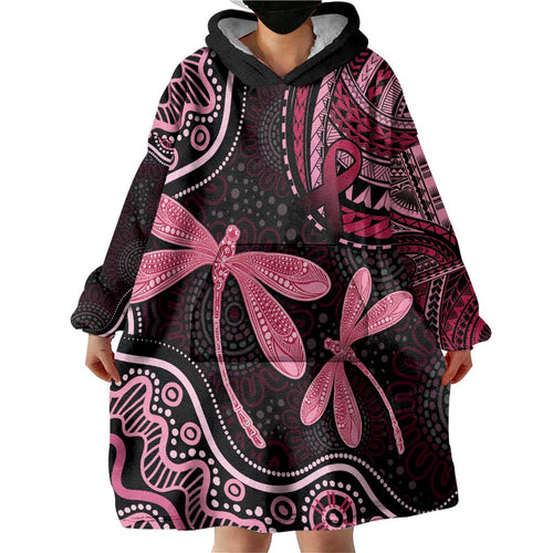 Australia Indigenous Mix Polynesian Wearable Blanket Hoodie Pink Ribbon and Dragonflies - Aussie Hoodie
