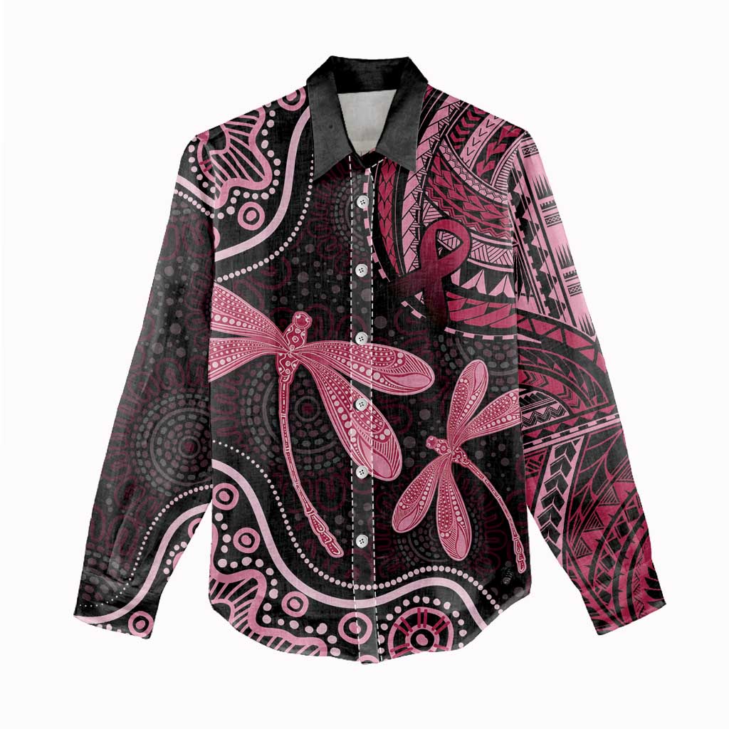 Australia Indigenous Mix Polynesian Women Casual Shirt Pink Ribbon and Dragonflies - Aussie Hoodie