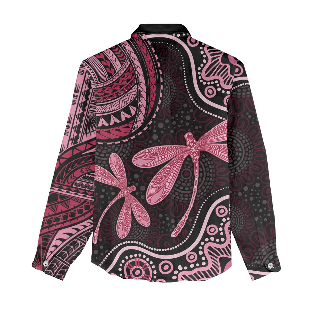 Australia Indigenous Mix Polynesian Women Casual Shirt Pink Ribbon and Dragonflies - Aussie Hoodie
