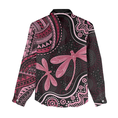 Australia Indigenous Mix Polynesian Women Casual Shirt Pink Ribbon and Dragonflies - Aussie Hoodie