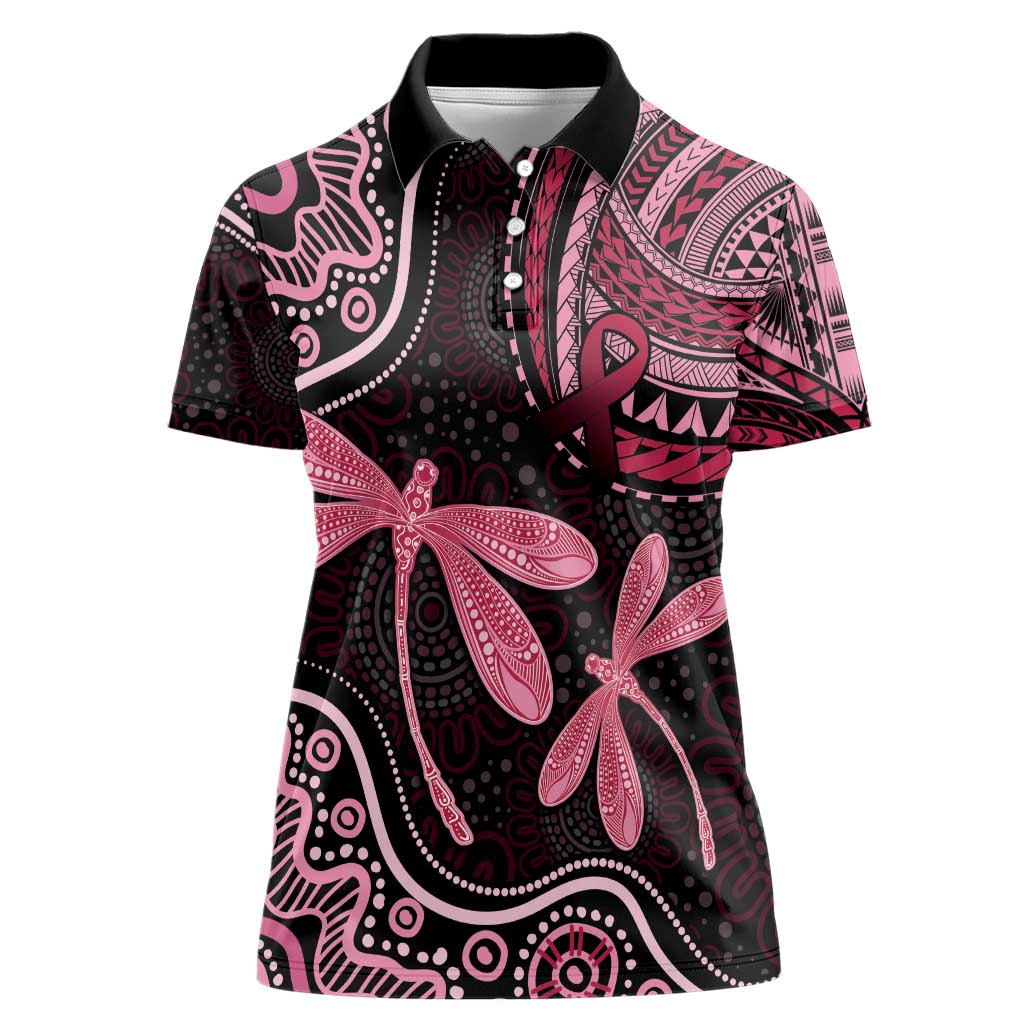 Australia Indigenous Mix Polynesian Women Polo Shirt Pink Ribbon and Dragonflies - Aussie Hoodie