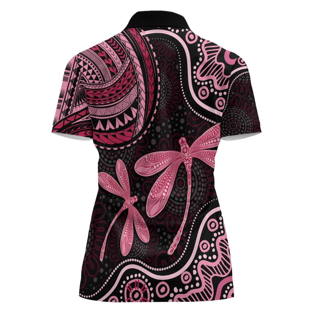 Australia Indigenous Mix Polynesian Women Polo Shirt Pink Ribbon and Dragonflies - Aussie Hoodie