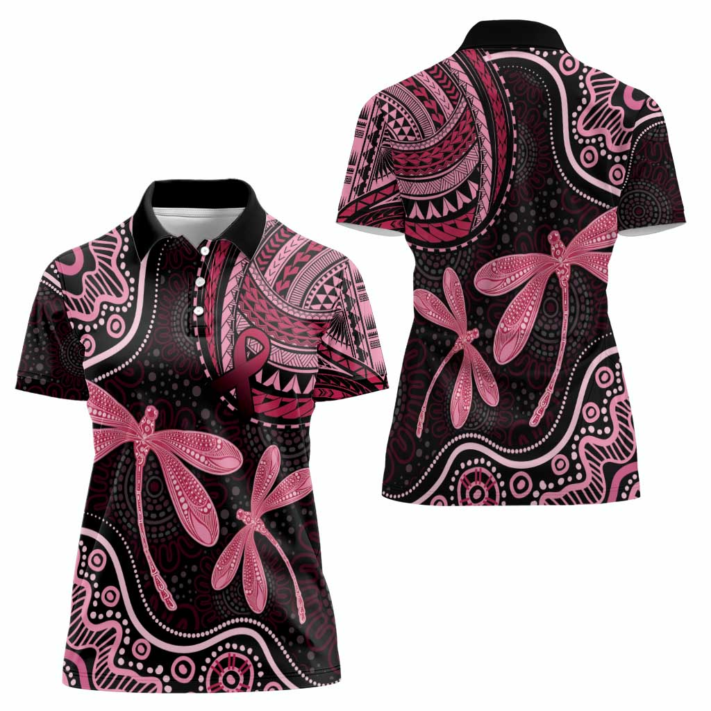 Australia Indigenous Mix Polynesian Women Polo Shirt Pink Ribbon and Dragonflies - Aussie Hoodie