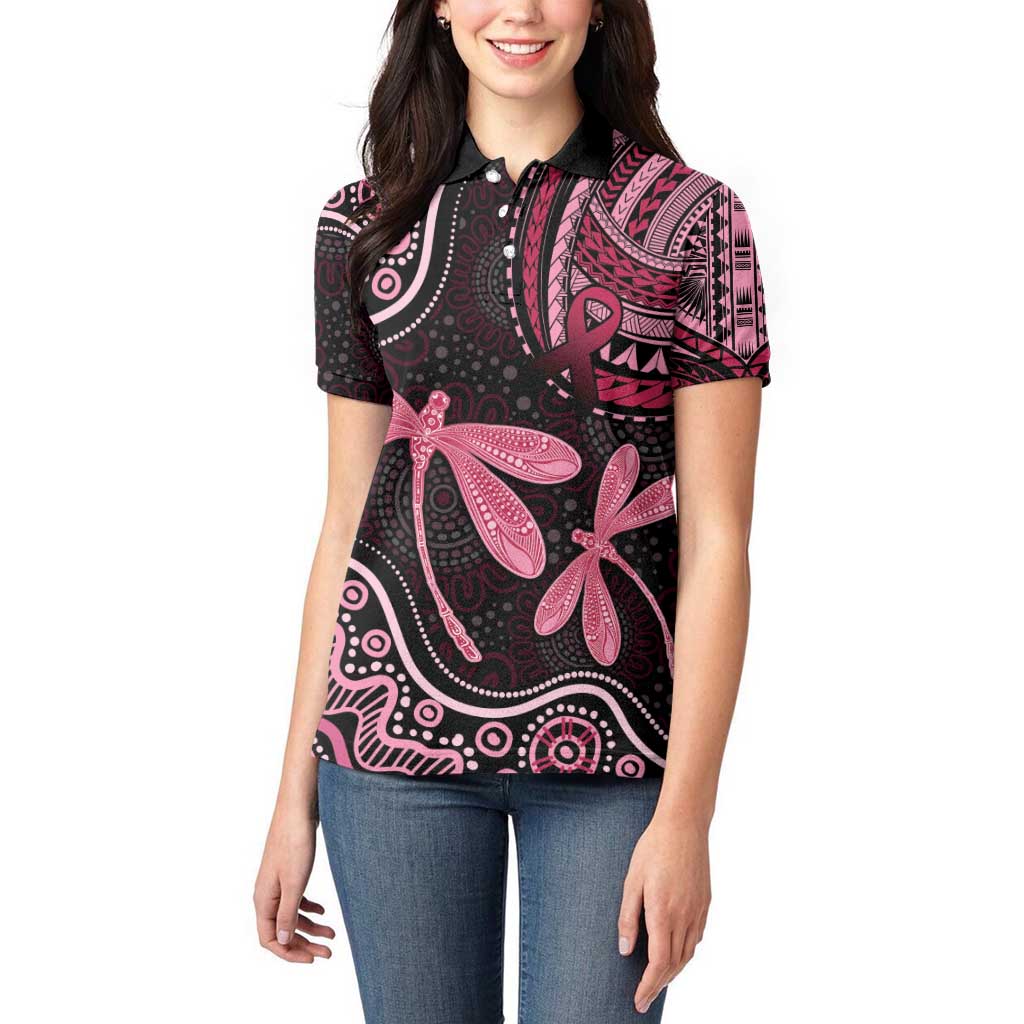 Australia Indigenous Mix Polynesian Women Polo Shirt Pink Ribbon and Dragonflies - Aussie Hoodie