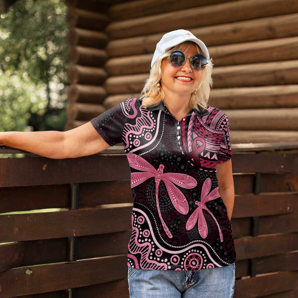Australia Indigenous Mix Polynesian Women Polo Shirt Pink Ribbon and Dragonflies - Aussie Hoodie