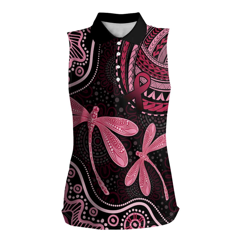 Australia Indigenous Mix Polynesian Women Sleeveless Polo Shirt Pink Ribbon and Dragonflies - Aussie Hoodie