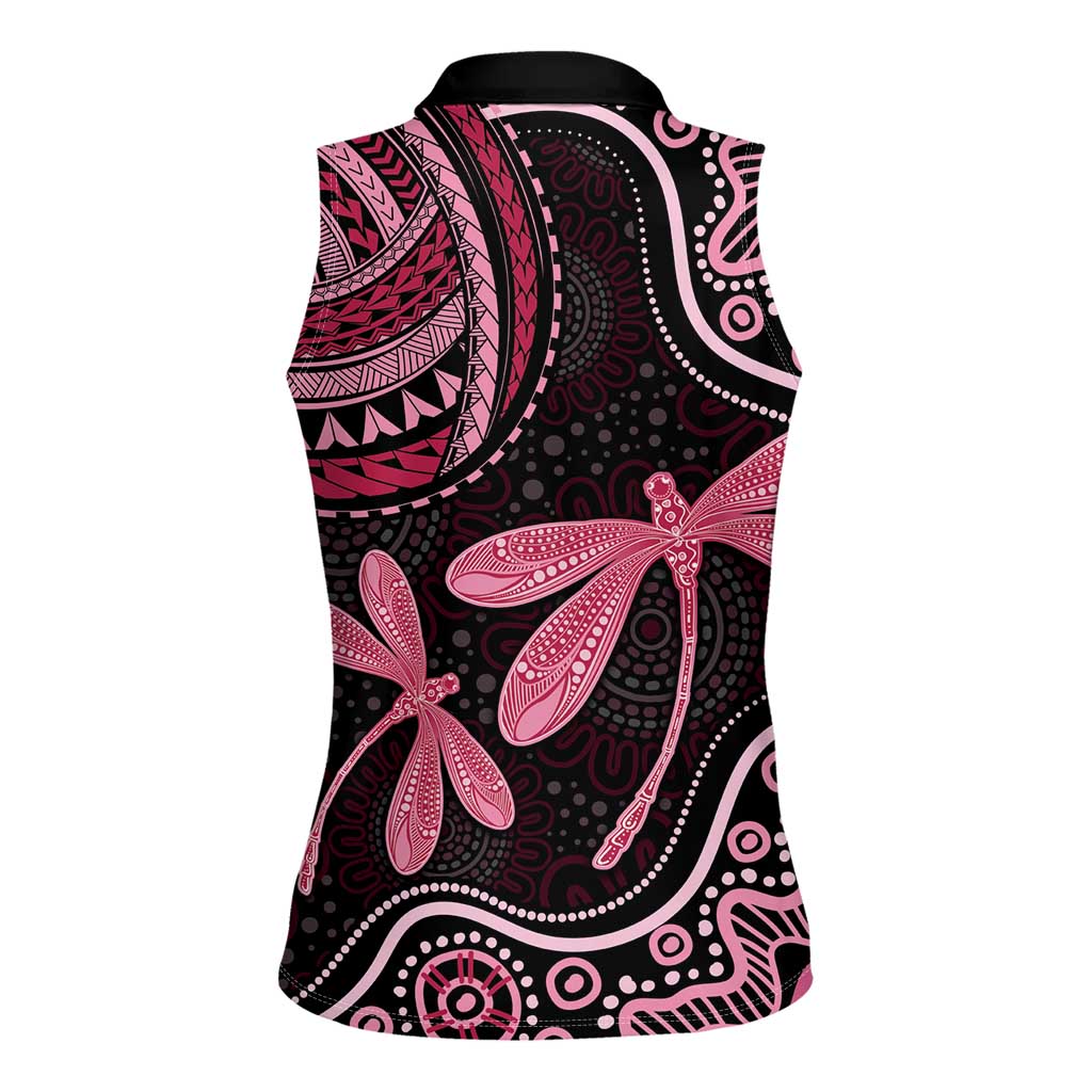 Australia Indigenous Mix Polynesian Women Sleeveless Polo Shirt Pink Ribbon and Dragonflies - Aussie Hoodie