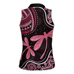 Australia Indigenous Mix Polynesian Women Sleeveless Polo Shirt Pink Ribbon and Dragonflies - Aussie Hoodie