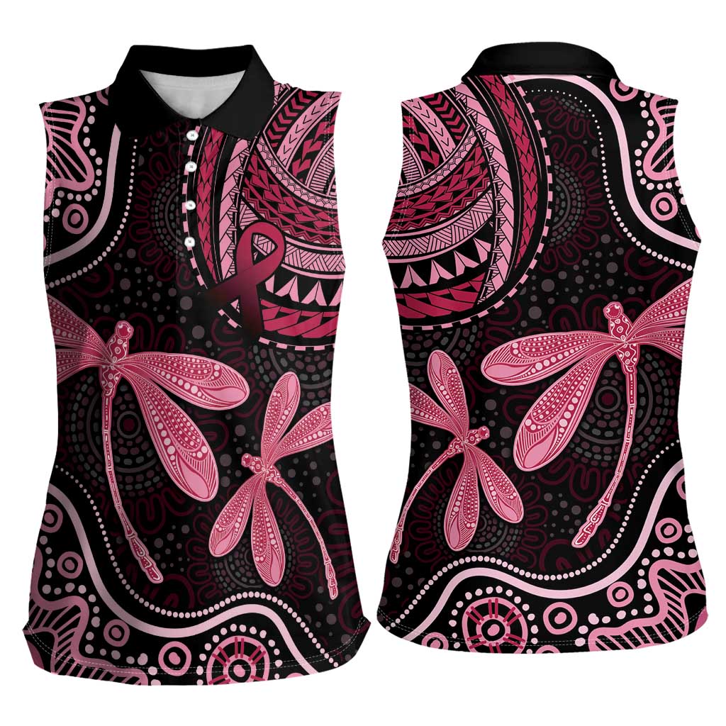 Australia Indigenous Mix Polynesian Women Sleeveless Polo Shirt Pink Ribbon and Dragonflies - Aussie Hoodie