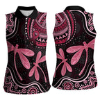 Australia Indigenous Mix Polynesian Women Sleeveless Polo Shirt Pink Ribbon and Dragonflies - Aussie Hoodie