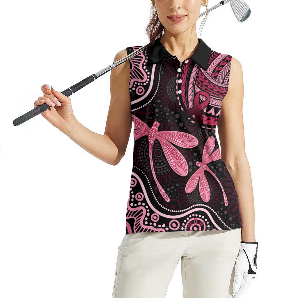 Australia Indigenous Mix Polynesian Women Sleeveless Polo Shirt Pink Ribbon and Dragonflies - Aussie Hoodie