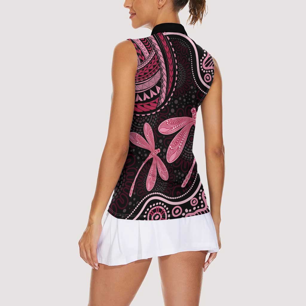 Australia Indigenous Mix Polynesian Women Sleeveless Polo Shirt Pink Ribbon and Dragonflies - Aussie Hoodie