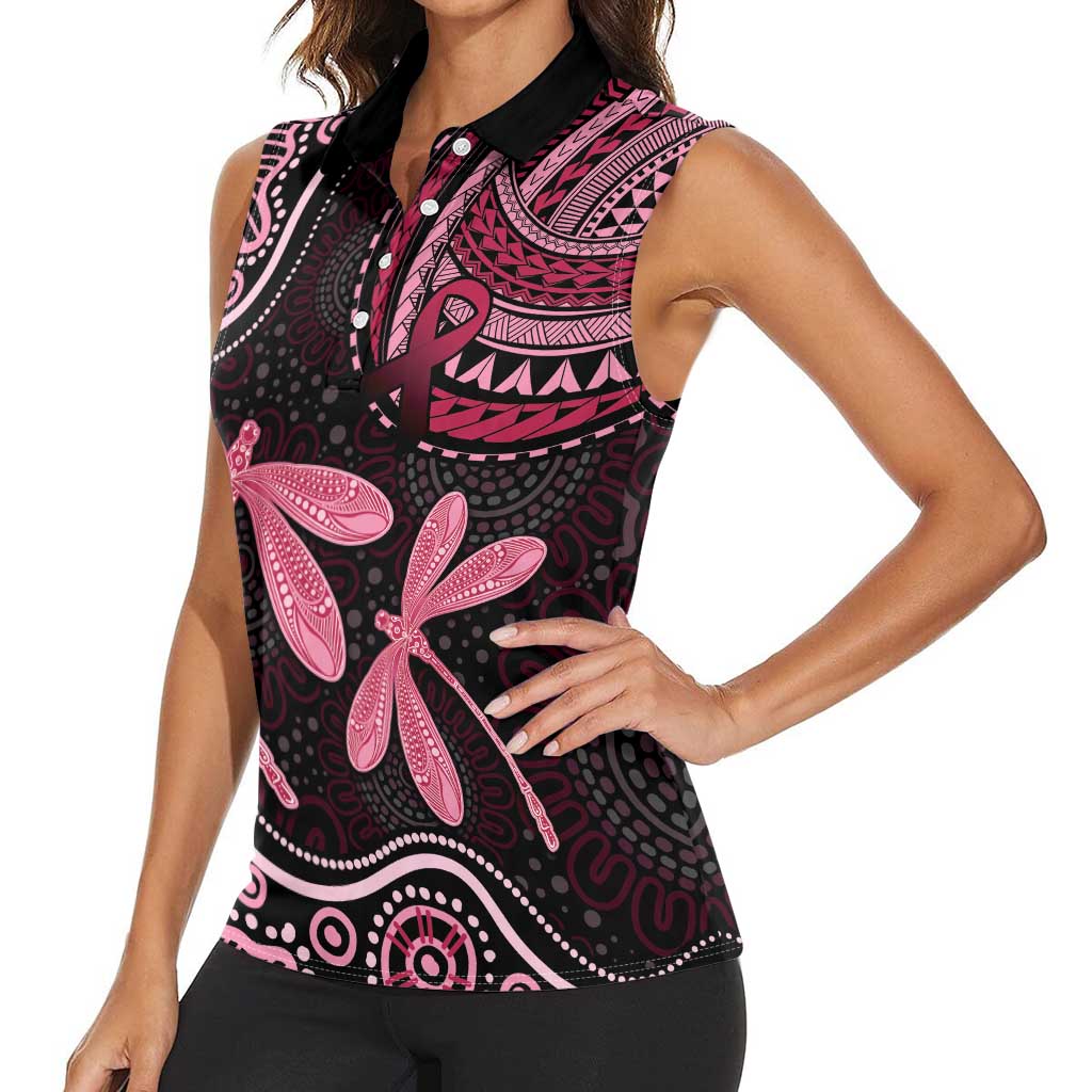 Australia Indigenous Mix Polynesian Women Sleeveless Polo Shirt Pink Ribbon and Dragonflies - Aussie Hoodie