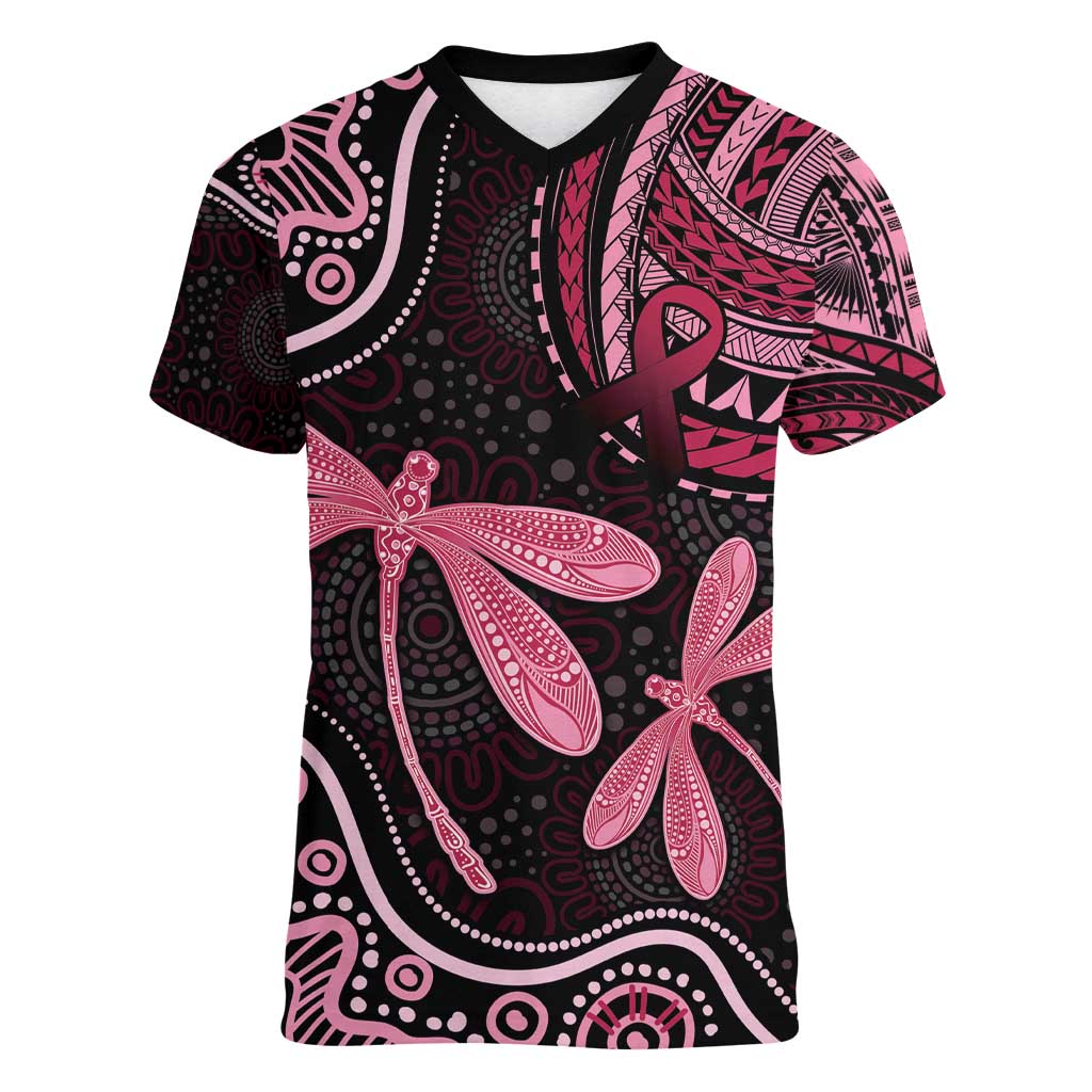 Australia Indigenous Mix Polynesian Women V-Neck T-Shirt Pink Ribbon and Dragonflies - Aussie Hoodie