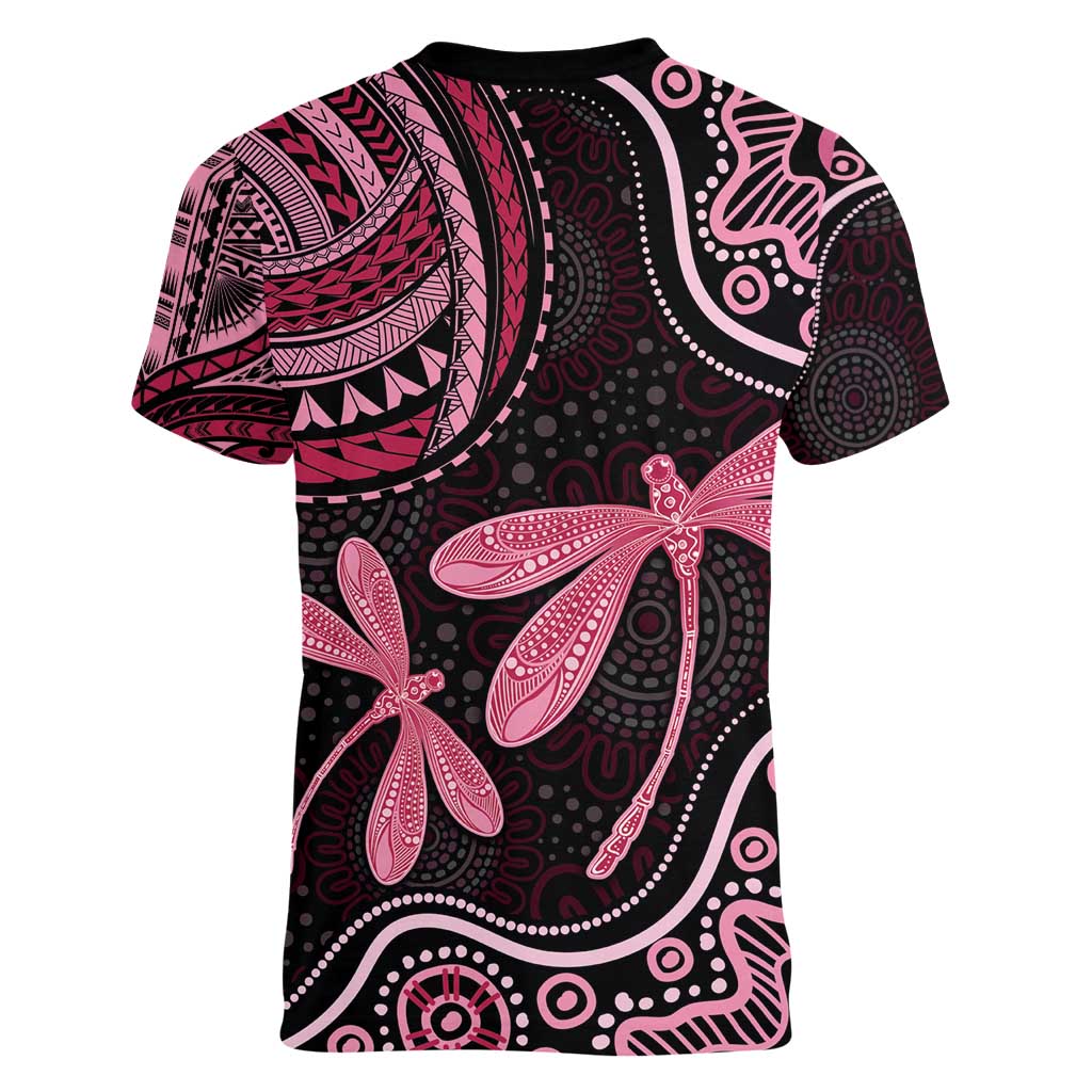 Australia Indigenous Mix Polynesian Women V-Neck T-Shirt Pink Ribbon and Dragonflies - Aussie Hoodie