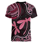 Australia Indigenous Mix Polynesian Women V-Neck T-Shirt Pink Ribbon and Dragonflies - Aussie Hoodie