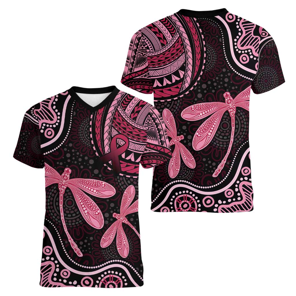 Australia Indigenous Mix Polynesian Women V-Neck T-Shirt Pink Ribbon and Dragonflies - Aussie Hoodie