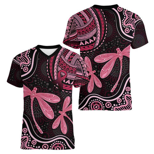 Australia Indigenous Mix Polynesian Women V-Neck T-Shirt Pink Ribbon and Dragonflies - Aussie Hoodie