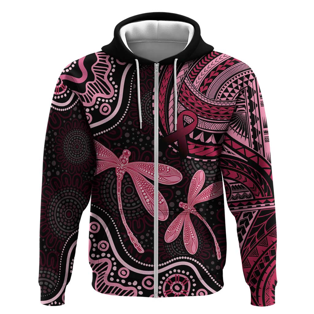 Australia Indigenous Mix Polynesian Zip Hoodie Pink Ribbon and Dragonflies - Aussie Hoodie