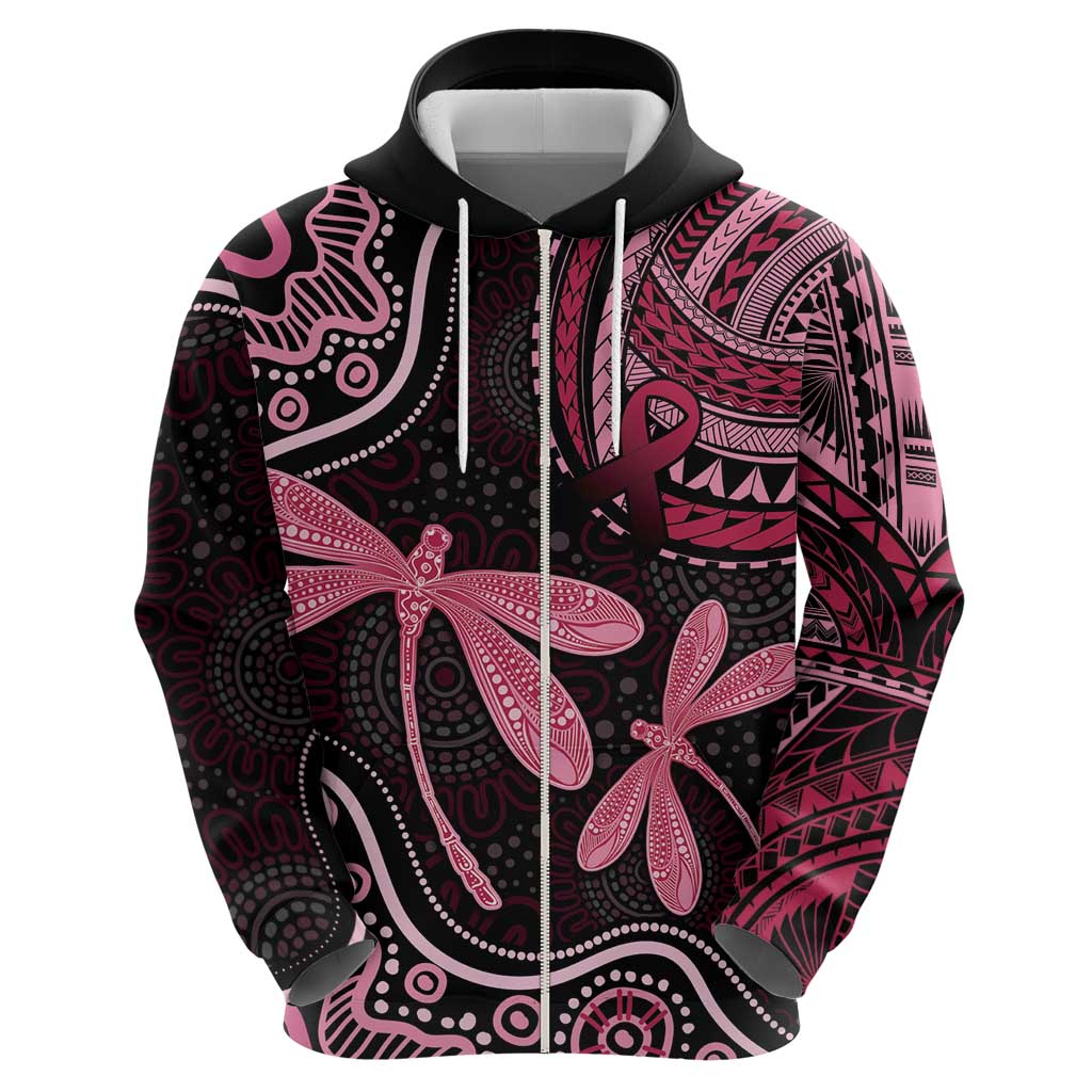 Australia Indigenous Mix Polynesian Zip Hoodie Pink Ribbon and Dragonflies - Aussie Hoodie