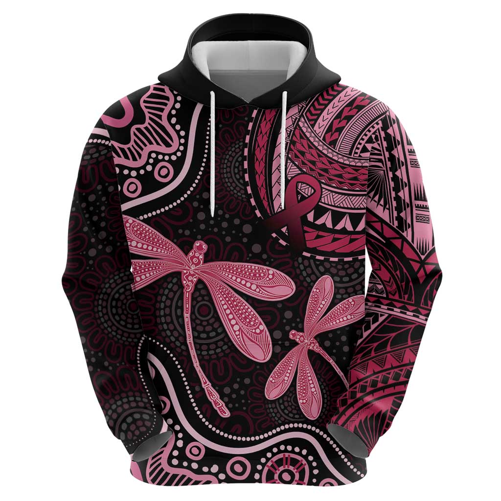 Australia Indigenous Mix Polynesian Zip Hoodie Pink Ribbon and Dragonflies - Aussie Hoodie