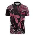 Australia Indigenous Mix Polynesian Zipper Polo Shirt Pink Ribbon and Dragonflies - Aussie Hoodie