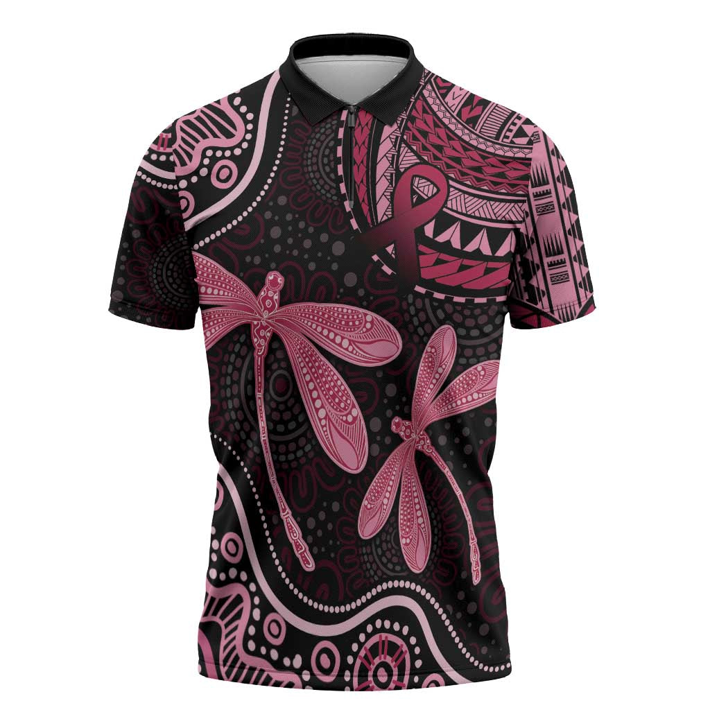 Australia Indigenous Mix Polynesian Zipper Polo Shirt Pink Ribbon and Dragonflies - Aussie Hoodie