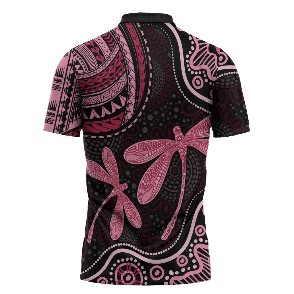 Australia Indigenous Mix Polynesian Zipper Polo Shirt Pink Ribbon and Dragonflies - Aussie Hoodie