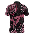 Australia Indigenous Mix Polynesian Zipper Polo Shirt Pink Ribbon and Dragonflies - Aussie Hoodie