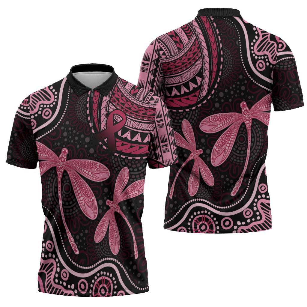 Australia Indigenous Mix Polynesian Zipper Polo Shirt Pink Ribbon and Dragonflies - Aussie Hoodie
