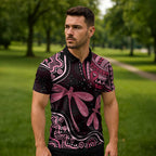 Australia Indigenous Mix Polynesian Zipper Polo Shirt Pink Ribbon and Dragonflies - Aussie Hoodie