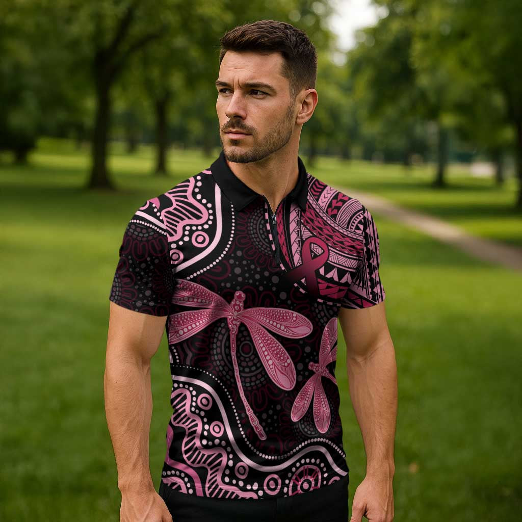 Australia Indigenous Mix Polynesian Zipper Polo Shirt Pink Ribbon and Dragonflies - Aussie Hoodie
