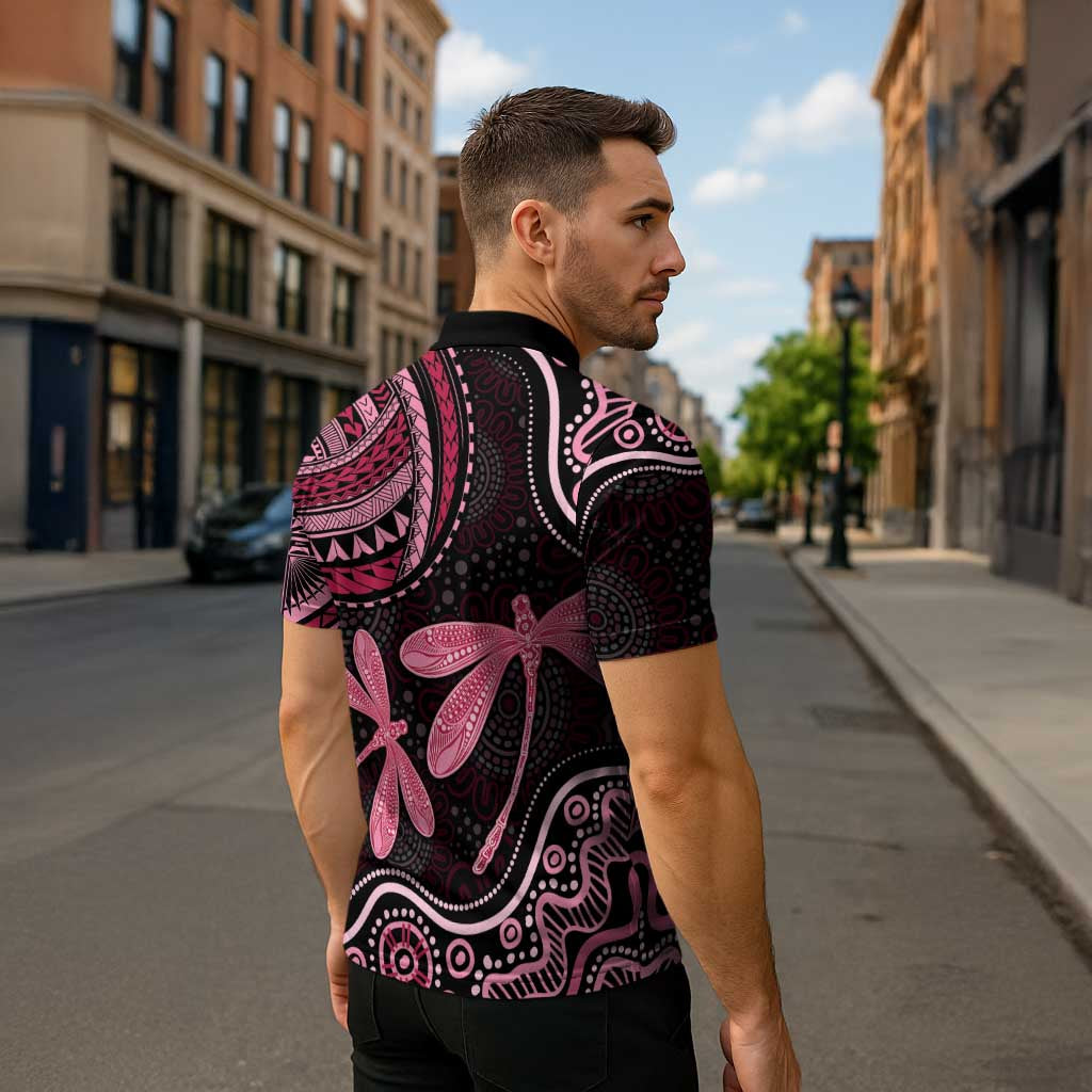 Australia Indigenous Mix Polynesian Zipper Polo Shirt Pink Ribbon and Dragonflies - Aussie Hoodie