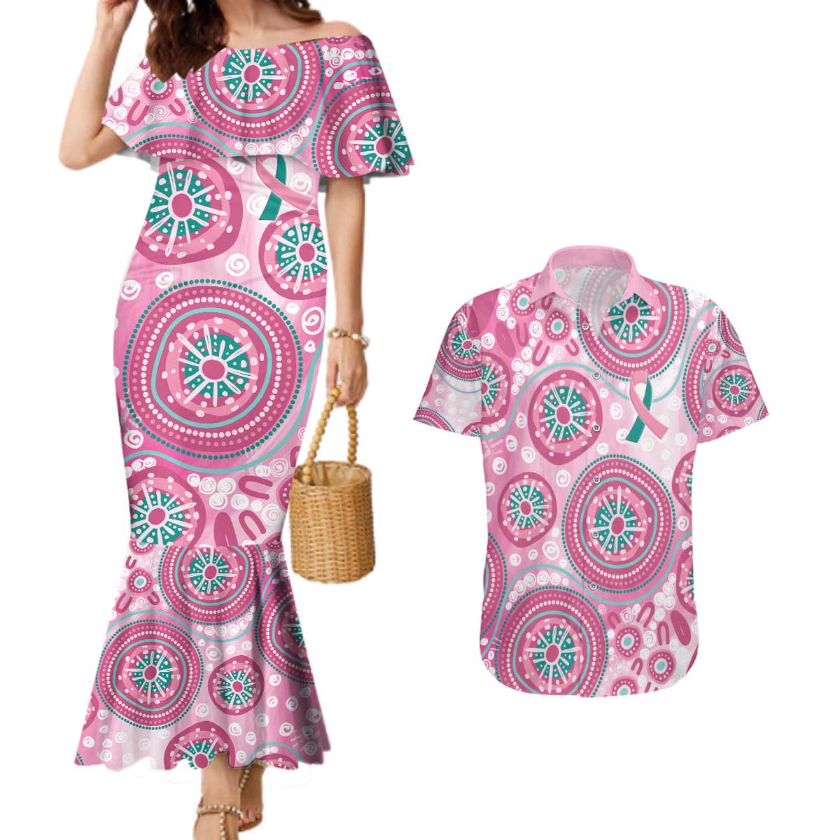 Hereditary Breast Cancer Awareness Australia Indigenous Couples Matching Mermaid Dress and Hawaiian Shirt Previvor - Aussie Hoodie