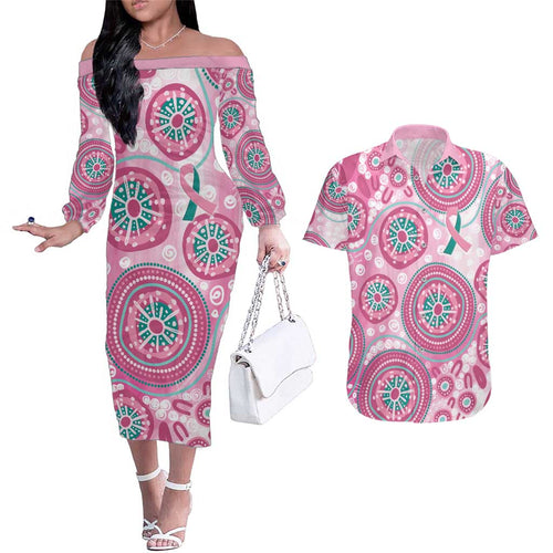 Hereditary Breast Cancer Awareness Australia Indigenous Couples Matching Off The Shoulder Long Sleeve Dress and Hawaiian Shirt Previvor - Aussie Hoodie
