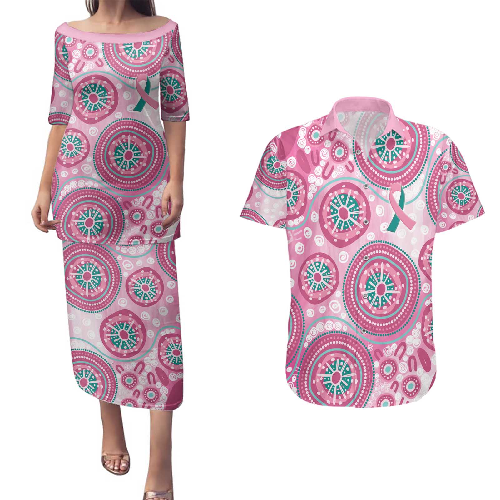 Hereditary Breast Cancer Awareness Australia Indigenous Couples Matching Puletasi and Hawaiian Shirt Previvor - Aussie Hoodie
