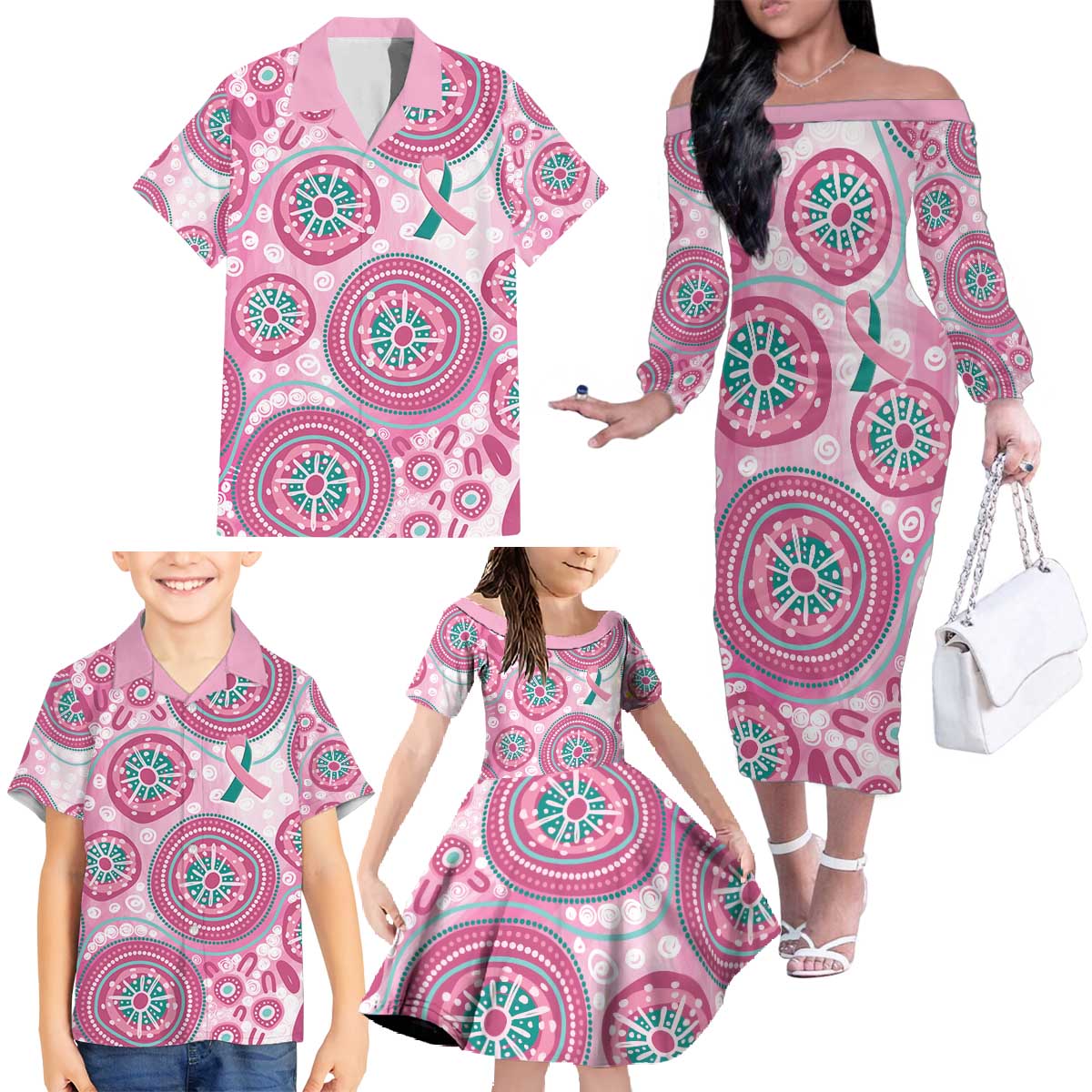 Hereditary Breast Cancer Awareness Australia Indigenous Family Matching Off The Shoulder Long Sleeve Dress and Hawaiian Shirt Previvor - Aussie Hoodie