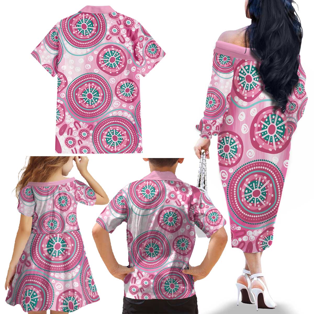 Hereditary Breast Cancer Awareness Australia Indigenous Family Matching Off The Shoulder Long Sleeve Dress and Hawaiian Shirt Previvor - Aussie Hoodie