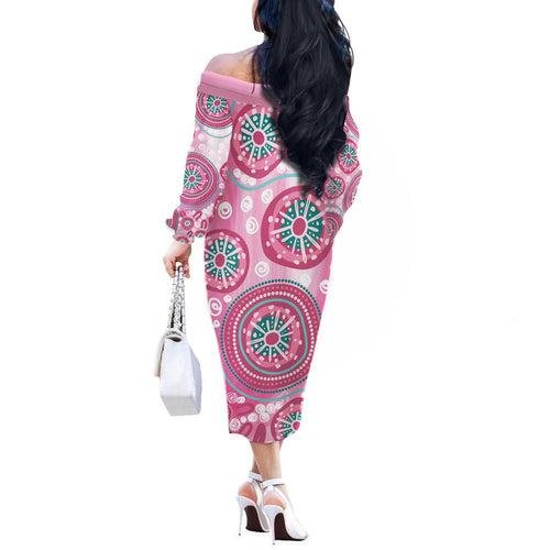 Hereditary Breast Cancer Awareness Australia Indigenous Off The Shoulder Long Sleeve Dress Previvor - Aussie Hoodie