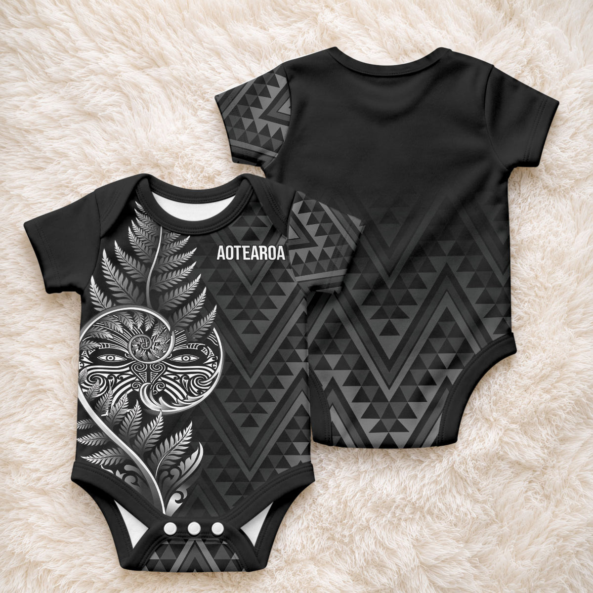 New Zealand Ta Moko Silver Fern Baby Onesie Taniko Taniwha Motifs