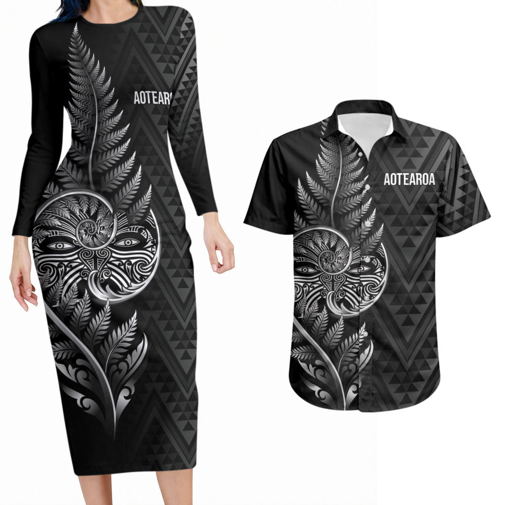 New Zealand Ta Moko Silver Fern Couples Matching Long Sleeve Bodycon Dress and Hawaiian Shirt Taniko Taniwha Motifs