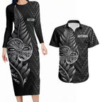 New Zealand Ta Moko Silver Fern Couples Matching Long Sleeve Bodycon Dress and Hawaiian Shirt Taniko Taniwha Motifs