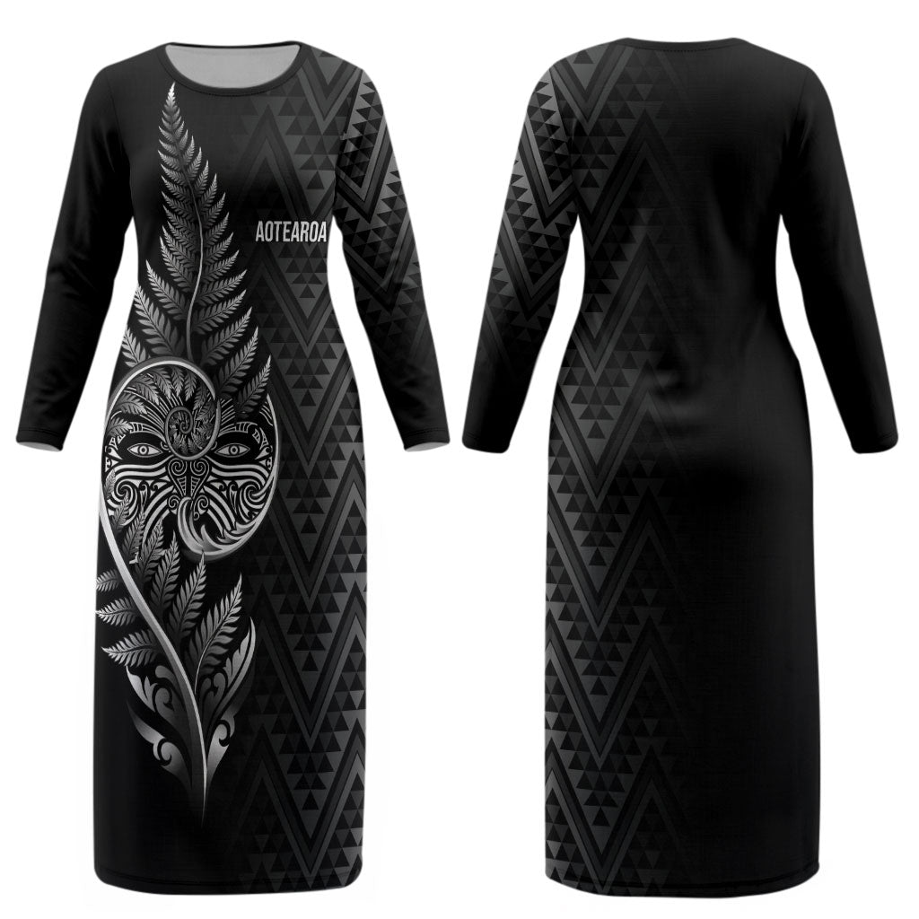 New Zealand Ta Moko Silver Fern Couples Matching Long Sleeve Bodycon Dress and Hawaiian Shirt Taniko Taniwha Motifs
